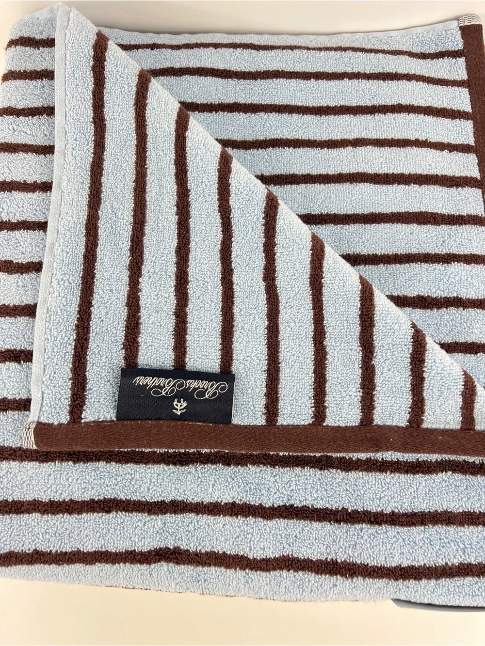 Brooks Brothers Bath Towel Set Blue Brown Stripe Soft Zero Twist Cotton 2 Pc NEW